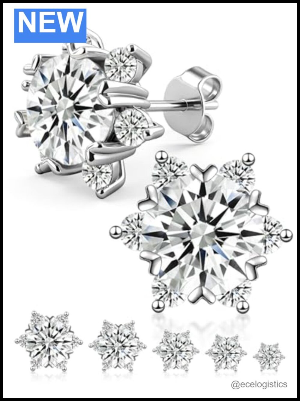 Moissanite Stud Earrings Set Snowflake D Color VVS1 Round Cut White Gold Plated
